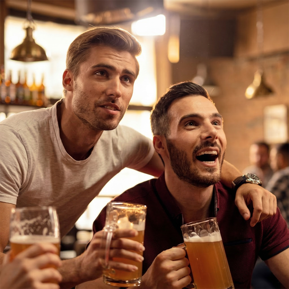 two guys helding beer and looking up.